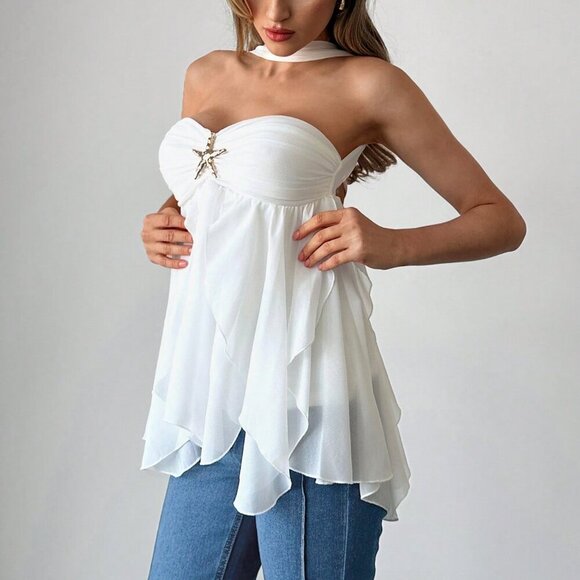 Women's Elegant Romantic Sexy Elegant Style Starfish Embellished top - white - Picture 5 of 6